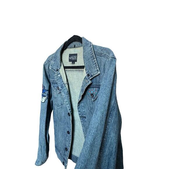 VTG RUDE patchworks Hand Painted owl Denim Jacket Sz M/ Streetwear Y2K Retro 90s - Picture 5 of 10